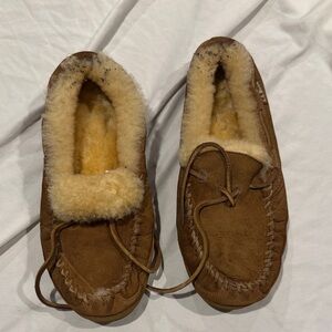 L.L. Bean Brown Suede Shearling-Lined Moccasin Slippers
